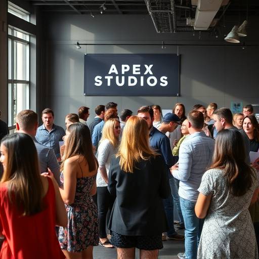A networking event held at Apex Studios, with people mingling and discussing creative projects in a collaborative setting.