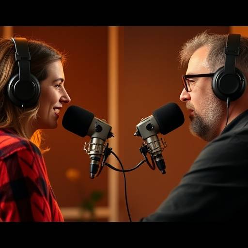 A podcast recording session, with two individuals discussing a topic using professional microphones and headphones.