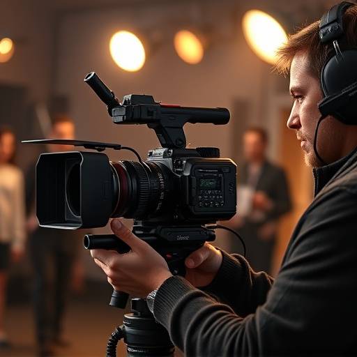 A videographer adjusting a camera while recording a scene, highlighting the importance of stable shots.