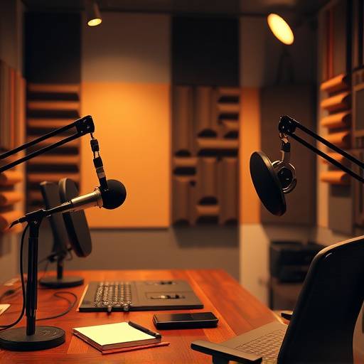 Cozy Podcast Corner studio setup with microphones, headphones, and acoustic treatment for quality recording.