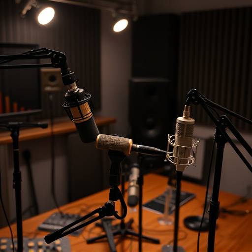 Different types of microphones set up in podcasting studio.