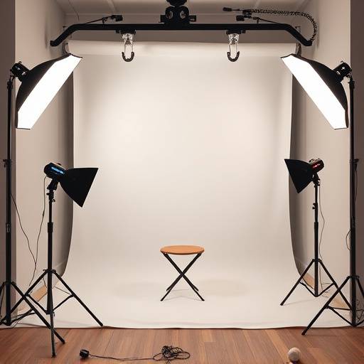 Intimate portrait studio with a classic backdrop and professional lighting equipment.